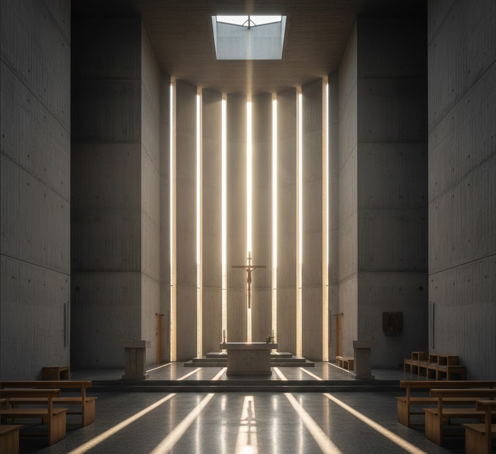 Interior de iglesia moderna con luz cenital